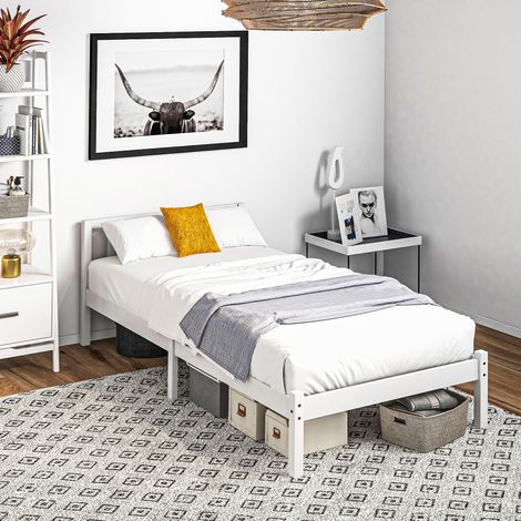 Lit 1 personne 90 x 200 cm avec sommier à lattes et tête de lit, pin blanc HAVRYA (1/5)
