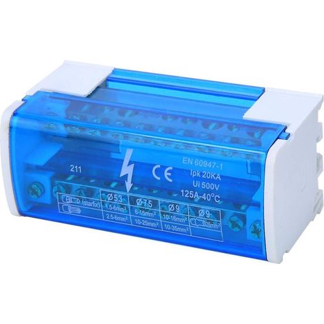 Boîte de Distribution de bornes, Module de Distribution de bornier à Montage sur Rail DIN 125A / 500V 2x11 Positions, monophasé à 2 Niveaux avec Cache Anti-poussière Transparent 211 (1/5)