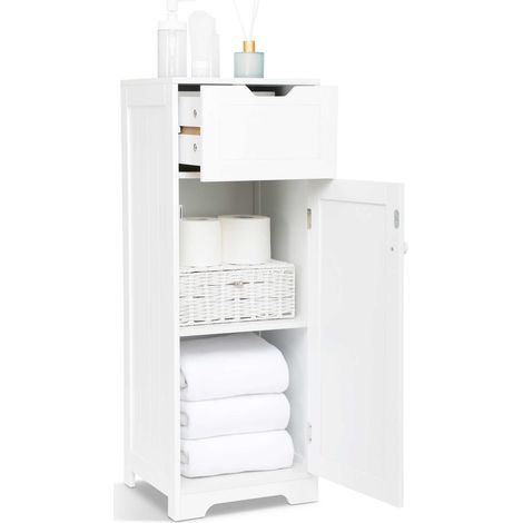 Mondeer – Colonne de salle de bain en MDF blanc laqué – 1 tiroir, 1 porte, 2 étagères – Résistant à l'humidité – Installation facile (1/5)
