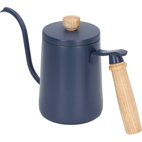 Bouilloire à café filtre 600 ml en acier inoxydable 304 avec bec verseur en col de cygne et poignée en bois, bleue. (1/5)