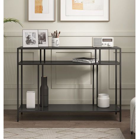 Hallowood Furniture Bewdley Large Black Metal Display Unit with 2 Shelves, 110cm Modern Radiator Table, Slim Console Tables for Living Room, Minimalist Hallway Furniture Shelving Unit