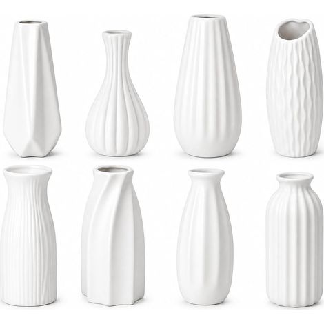 Lot de 8 vases en céramique blanche mate, étanches, pour herbe de la pampa, fleurs séchées, décoration d'intérieur moderne bohème scandinave pour herbe de la pampa, salon, étagère, table basse (1/5)