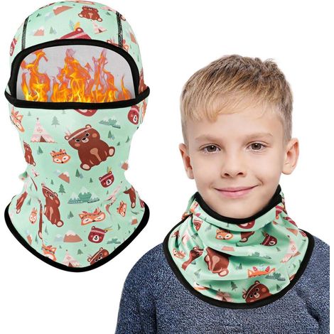 Kinder Sturmhaube Winter 2-8 Jahre, Winddicht Fleece Skimaske mit Halswärmer, Grün Bär (1/5)