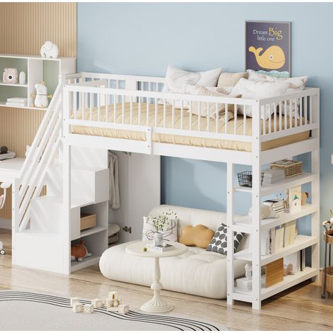 MEUBLIV Lit mezzanine en bois massif 90 x 200cm avec armoire étagères rangements et échelle de sécurité, blanc, pour chambre enfant