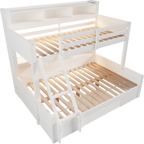 Letto a castello 90x200 + 140x200 bianco con scala, vani, cassetto e LED (1/5)