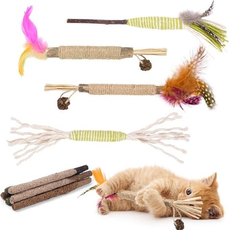 Catnip Sticks Cat Toy Chew Stick Matatabi and Feathers Interactive Toy Indoor Edible Catnip Balls Teeth Cleaning Stress Release