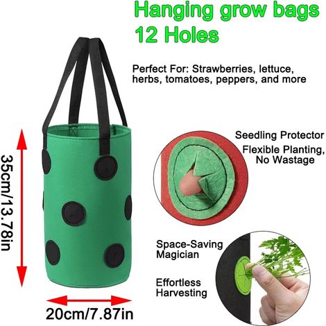 Sacs de culture suspendus (15 pièces, en tissu vert, 12 trous) pour fraises et tomates. Idéal pour la culture verticale, les pots à fraises et les tours aéroponiques. (1/4)