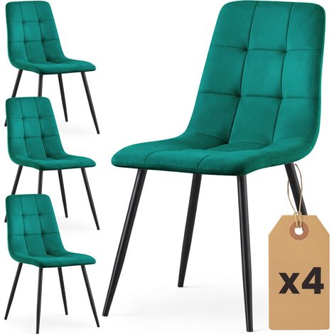 Set di 4 Sedie in velluto trapuntate NERO Verde Bottiglia gambe nere (1/5)