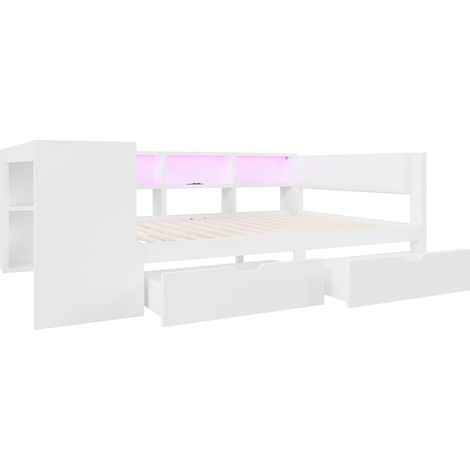 Cama plataforma 140x200 blanca con almacenaje, cajones, estación de carga y cabecero tapizado (1/5)