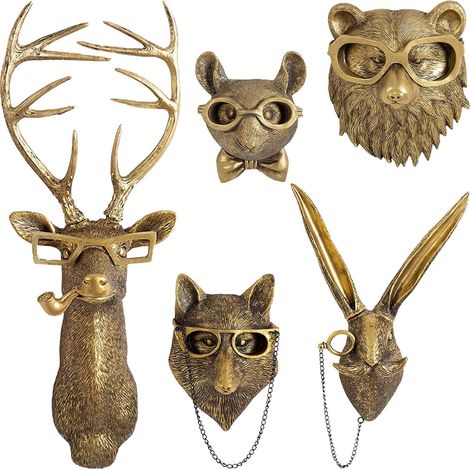 Set di 5 decorazioni murali 3D a forma di testa di cervo - ornamenti murali a forma di testa di coniglio - sculture murali moderne - statue d'arte moderna - teste di animali in resina - accessori