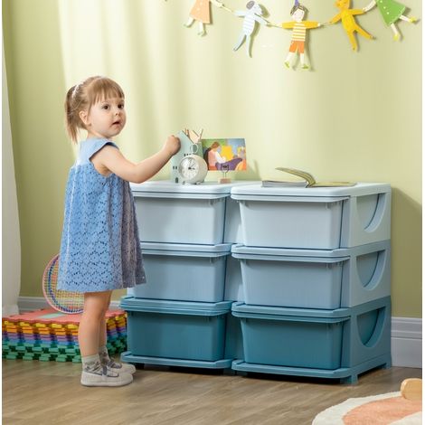 meuble de rangement enfant 75x37x56,5 cm bleu – 6 tiroirs, montage requis (1/5)
