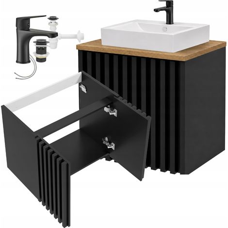 Wandhängender Badezimmerschrank mit Waschbecken, Armatur und Arbeitsplatte, schwarze Lamellen, 60 cm, Negri (1/5)