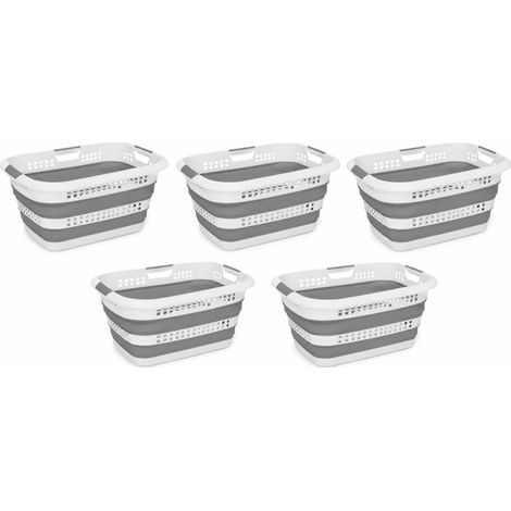 Lot de 5 paniers à linge pliables rétractables 45 L - Blanc et gris - 61,6 x 44,5 x 28,4 cm - Livraison gratuite (1/5)