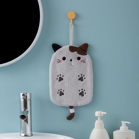 1 Pcs Super Absorbant Type Suspendu Chat Brodé Towelette Home Decora Double Usage Coral Velvet Main Serviette Salle De Bains Fournitures(gris) (1/3)