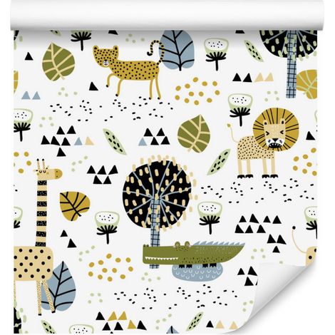 Papier peint à motifs de lions, d'arbres, de feuilles et de pois pour salon et chambre, 50 x 1000 cm (1/5)