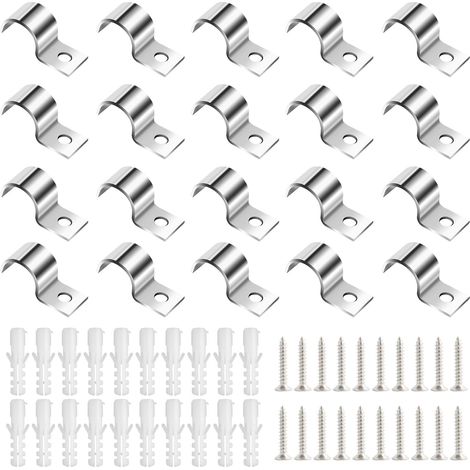 Lot de 20 colliers de fixation en acier inoxydable 304 de 20 mm - Colliers de serrage métalliques avec 25 vis autotaraudeuses M5 et 25 chevilles M8 pour diamètre de tuyau, tuyaux d'eau, câbles (1/5)
