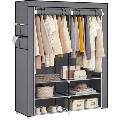 Armoire Chambre en Tissu, Porte-vêtements, Penderie, 45 x 127 x 176 cm, 2 Compartiments de Suspension, avec Étagères, 4 Pochettes, Grande Capacité, Chambre, Salon, Gris (1/5)