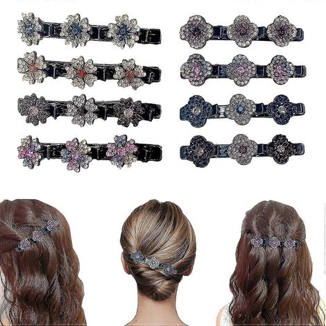 Funkelnde, mit Kristallsteinen besetzte, geflochtene Haarspangen für Damen, rsvelte geflochtene Haarspange mit 3 kleinen Clips, Haarspange mit mehreren Clips, dreifache Haarspange mit Rh-4PCS-Clover a (1/5)