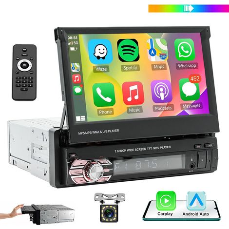 Autoradio Android Carplay 7" 1DIN USB AM FM Bluetooth Écran tactile TF Entrée auxiliaire - 12CAM (1/5)