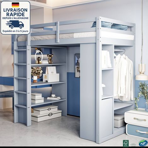 MODFU - Lit mezzanine enfant en bois 90x200cm avec 3 étagères, 1 chariot à roulettes amovible + 1 armoire, sans matelas, antichute, gris (1/5)