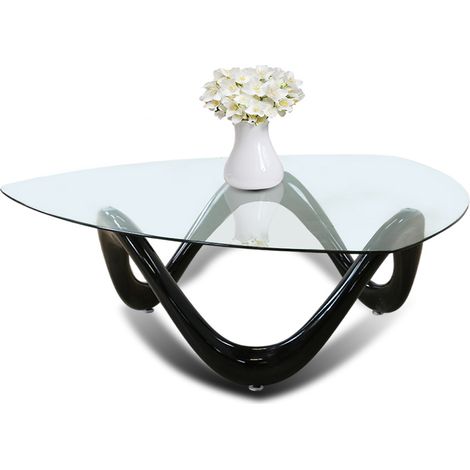 Designetsamaison – Table basse fixe noire ovale en verre trempé 103x103cm – Design moderne avec pied courbé – Pour salon contemporain