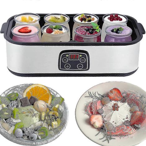 Yaourtière automatique 1400 ml, 8 pots en verre, température réglable de 20 à 55 °C, minuterie 48 h, affichage LED pour yaourts et fromages maison. (1/5)