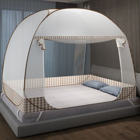 Écran de lit pliant de moustiquaire, rideau de moustique de camping porte simple, facile à installer moustiquaire en forme de dôme bord brun largeur 0,9 m  longueur 1,9 M, treillis brun, deux pièces (1/3)