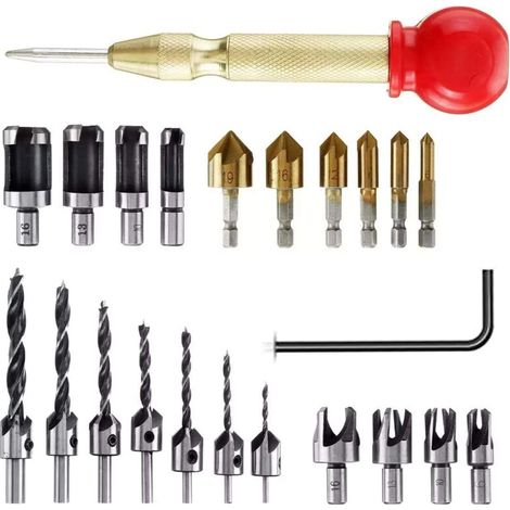 Jeu D'Outils de Chanfrein de Forage,Ensemble de 23 forets à fraiser, Coupe-Bouchon en Bois, Forets Fraisés avec Clé Hexagonale en L Et Poinçon Central automatique (1/4)