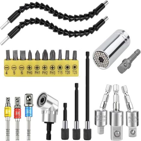 Kit d'extension flexible hexagonale – avec coffret – clé à douille universelle, angle 105°, adaptateurs 1/4" 3/8" 1/2", porte-foret (1/5)