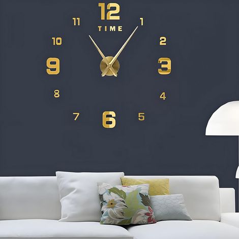 Grande Horloge Murale DIY Silencieuse Moderne Sticker 3D Home Office Decor Cadeau (Or) (1/5)