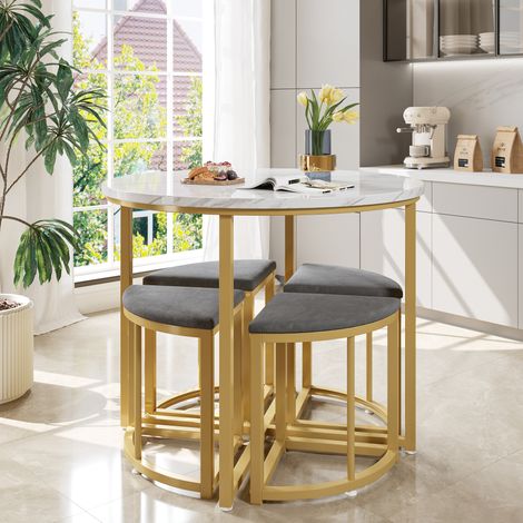 Ensemble table et chaises de salle à manger rond 80 cm avec 4 chaises, MDF et métal, gris HAVRYA (1/5)