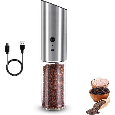 Molinillo de pimienta eléctrico recargable, molinillo de pimienta eléctrico, molinillo automático de sal y pimienta alimentado por gravedad, recargable por USB, alta capacidad, grosor ajustable. (1/5)