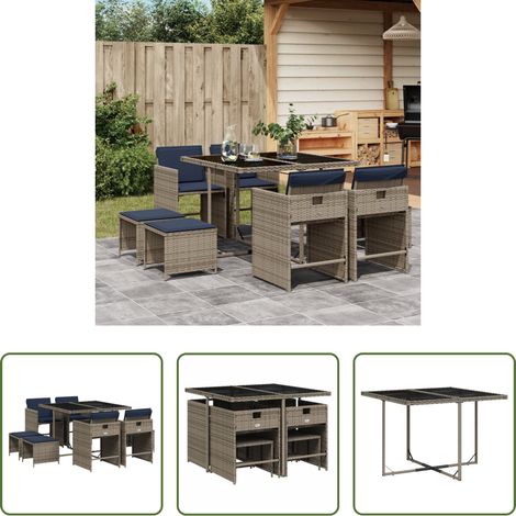 vidaXL Tabouret de jardin - Ensemble à manger de jardin 9 pcs coussins gris résine tressée (1/5)