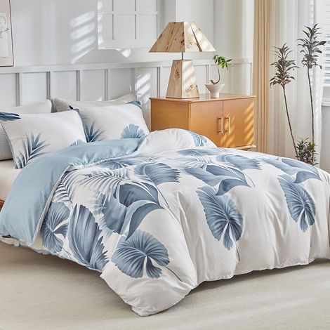 Housse de Couette 240 x 260 cm avec 2 Taies d'oreiller 65x65 cm - Aquarelle Motif Feuille de Palmier Parure de Lit 240 x 260 - en Microfibre avec Fermetures éclair, Bleu (1/5)
