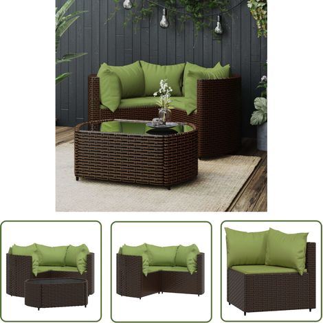 The Living Store Salon de jardin 4 pcs avec coussins Marron Résine tressée - Salon De Jardin - Mobilier De Jardin - Set De Salon Extérieur - Table Basse - Chaise Lounge (1/5)