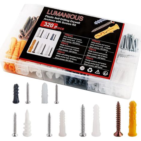 Kit de Vis et Cheville 320 Pièces, 6 Tailles Assorties - Vis à Tête Plate en Croix AutoperceusesVis à Bois pour Brique, Béton, Plaque de Plâtre (1/5)