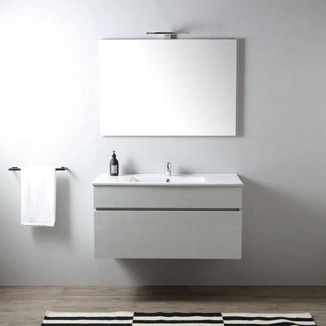 Kiamami Valentina – Meuble sous vasque simple 100 cm – Tiroir sous lavabo en gris lune effet bois – Lavabo céramique avec trou pour robinet – Miroir 100x60 cm (1/5)