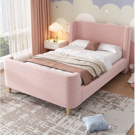 Cama infantil tapizada de terciopelo rosa 90x200 cm con somier de láminas y diseño trineo (1/5)