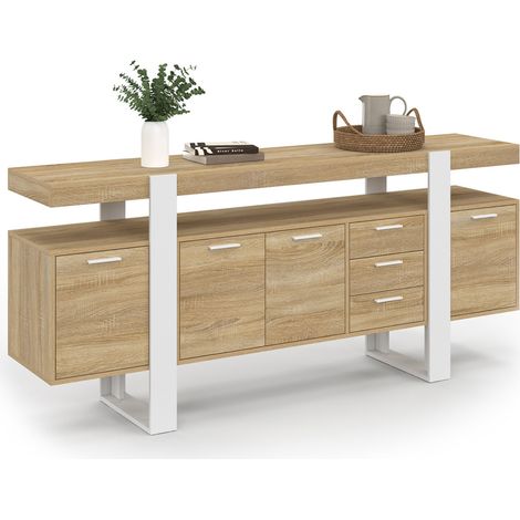 Idmarket – Buffet 180 cm bicolore bois et blanc – 4 portes avec étagères ajustables – 2 tiroirs – Style industriel moderne