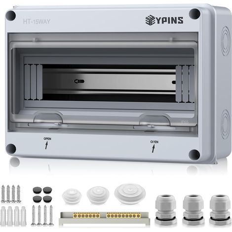 Boîte de Distribution en Saillie Petit Répartiteur 1 Rangée 15 Modules IP65 Pour Pièces Humides Montage en Saillie Avec Pinces en Laiton Pour Jardin ou Extérieur (1/5)