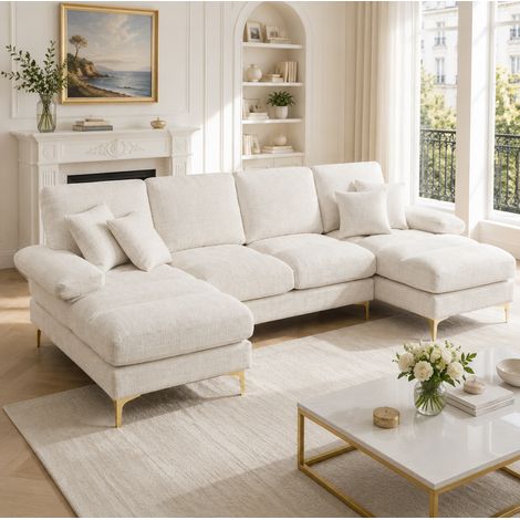 Divano modulare a U in ciniglia 272 x 136 x 88 cm, beige DESVIAE (1/5)