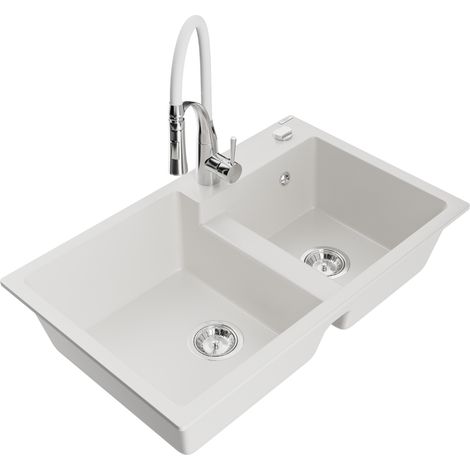 Mexen Tomas évier de cuisine 2-bacs granit avec robinet Aster, blanc - 6516-20-73450-02 (1/5)