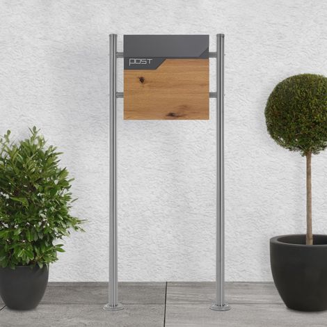 ECD Germany Buzón de Correo Antracita / Madera con Soporte 120 cm Plateado para Cartas con Compartimento para Periódico 37 x 37 x 11 cm Acero Inoxidable con 2 Llaves Solapa Cierre Moderno con Pedestal (1/5)