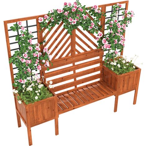 Bac avec treillis et assise – Bois sapin massif brun, pour jardin cour terrasse – Plantes grimpantes (1/5)