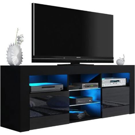 Dusine – Meuble TV JIVE noir A LED 145 cm – 2 portes laquées – Mélaminé FSC – Éclairage LED intégré – Dimensions 145x33x53 cm (1/3)