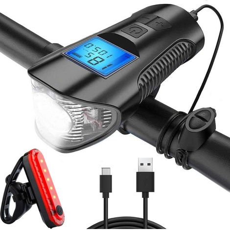 Lampe avant arrière led vélo km compteur klaxon bruyant 3in1