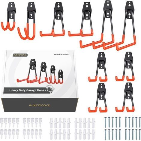 Crochets de Garage Robustes 10Pcs Crochets Suspendus Crochets Doubles en Acier Crochets en Caoutchouc Antidérapants de 5 Tailles pour Articles en Vrac Bicyclettes Cordes Escaliers (1/5)