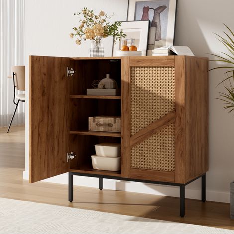 Credenza 2 ante 70 cm effetto legno e rattan PE, ripiani regolabili - CHICFURN (1/5)