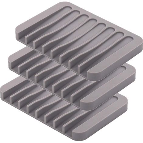 MINKUROW Silikon-Seifenschale mit grauem Ablauf, 3er-Set, selbstentleerende Seifenschale, Seifenschale, Schwammhalter für Dusche/Bad/Küche grau (1/5)