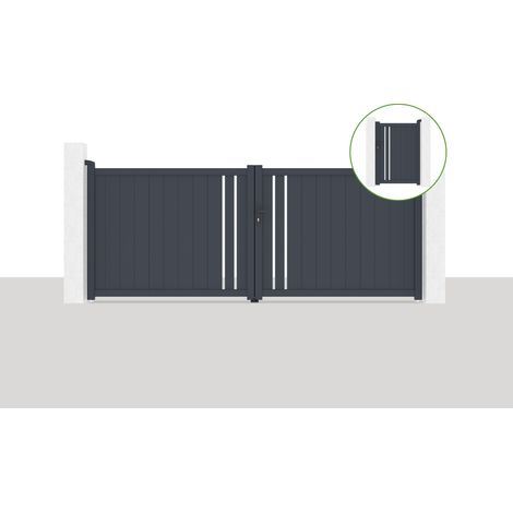 Pack portail battant GIONA 350x140cm + Portillon GIONA H.1,4m gris (1/5)